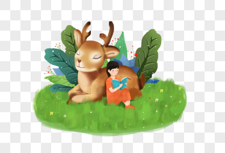 躺在鹿身上看书的女孩图片
