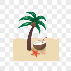 手绘卡通小清新可爱夏天椰子树椰子海星贝壳沙滩度假彩色创意元素免扣图片