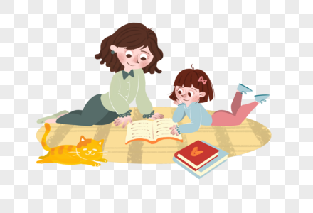 母亲节母女看书创意插画图片