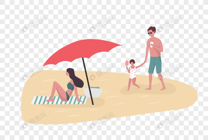 矢量扁平风格一家人沙滩度假玩耍图片