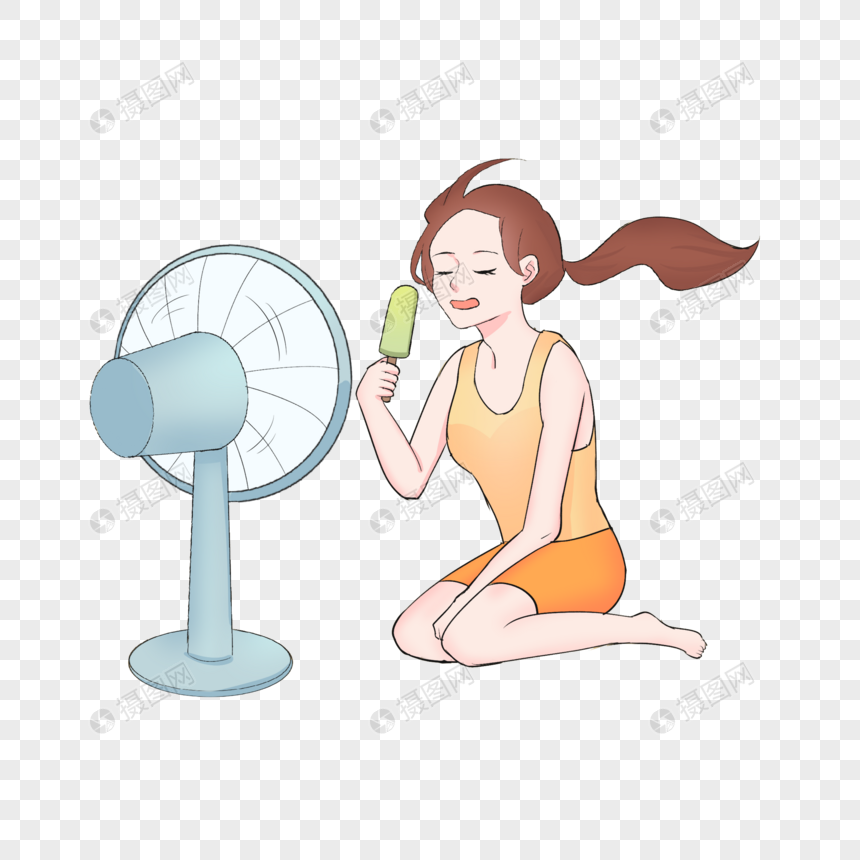 夏至吹电风扇女孩插画元素素材下载-正版素材401128420-摄图网
