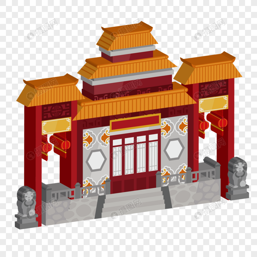免抠元素 手绘/卡通元素 古建筑 3d 宫殿入口.