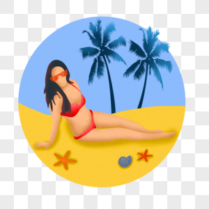 女孩夏日夏天海滩沙滩海边清凉度假噪点卡通扁平手绘插画透明png图片