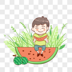 坐在西瓜上吃西瓜的男孩图片