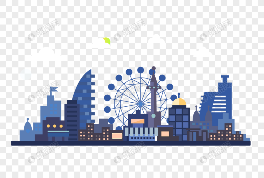 蓝色城市建筑插画图片