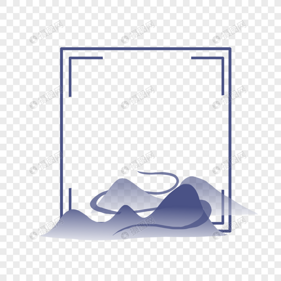 中国风古风水墨风山蓝色正方形手绘边框图片