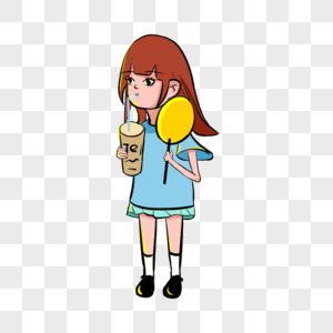 夏天 女孩 插画 喝奶茶 扇扇子 凉爽图片