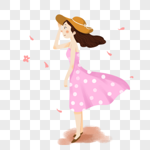 夏季穿粉色连衣裙草帽少女图片