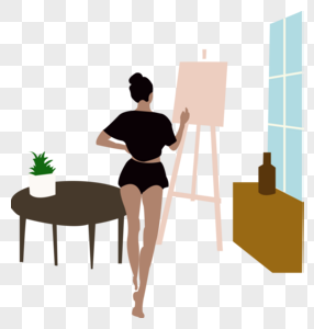 女生在房间画画安静文艺桌子画板窗户元素图片