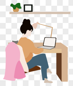 女生看电脑工作忙碌桌子坐姿房间生活元素图片