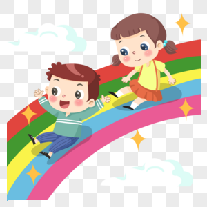 儿童节可爱手绘小孩彩虹滑滑梯图片
