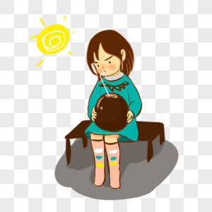 夏天 喝椰子汁 椰子 女生 坐着 插画 太阳 卡通图片