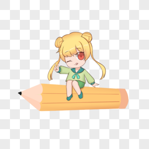 坐在铅笔上的的卡通小女孩卡通形像图片