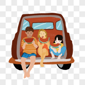 小孩在卡车上吃西瓜夏日元素高清图片