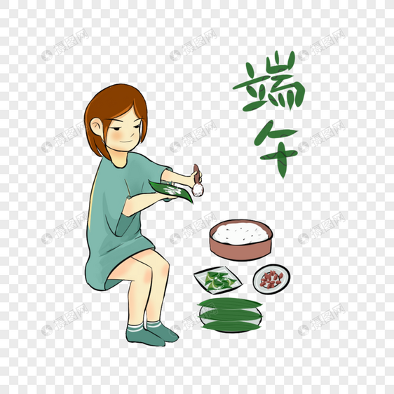 端午节 包粽子 插画 卡通 女孩 粽子图片