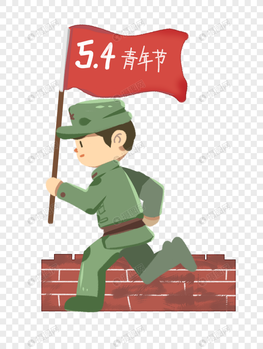举红旗奔跑的军人