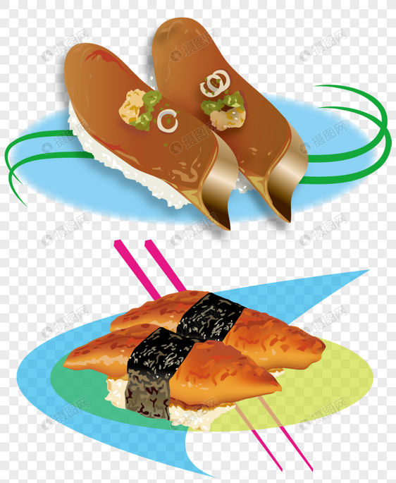 日本炸肉排与鳗鱼寿司手绘图片