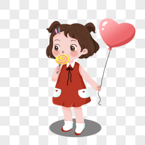 穿红裙子拿着气球吃棒棒糖的小女孩高清图片