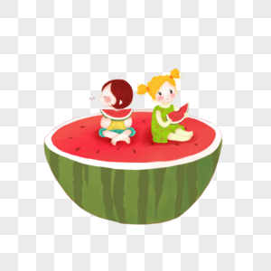 两个小孩坐在西瓜上吃西瓜图片