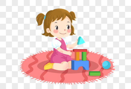 坐在地毯上玩搭积木的小女孩高清图片