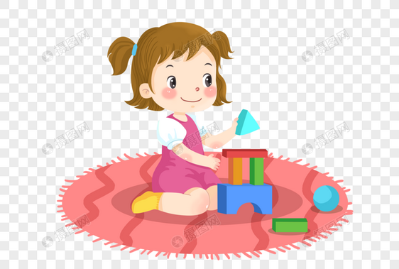 坐在地毯上玩搭积木的小女孩图片