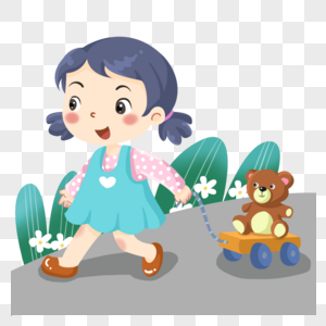 拉着小熊玩具车散步的小女孩高清图片