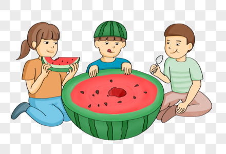 手绘卡通儿童坐着吃西瓜人物形象图片