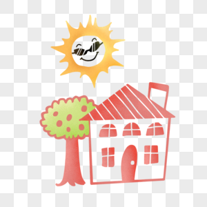 小清新夏日房子大树太阳公公噪点卡通扁平手绘插画透明png图片