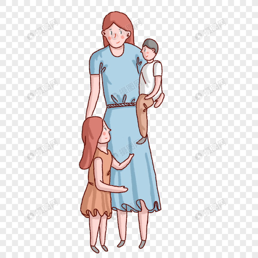 母亲节抱着孩子领着小孩的妈妈图片