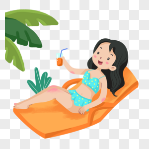 夏天海边椰树下躺在躺椅上的比基尼女孩图片