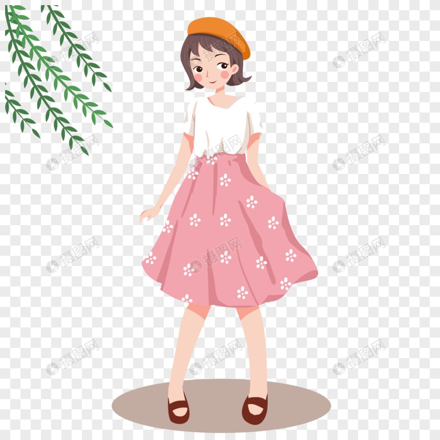 夏日穿着凉爽粉裙子贝雷帽的女孩图片