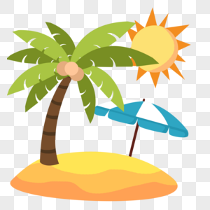 夏天海边太阳下的椰子树遮阳伞和沙滩高清图片