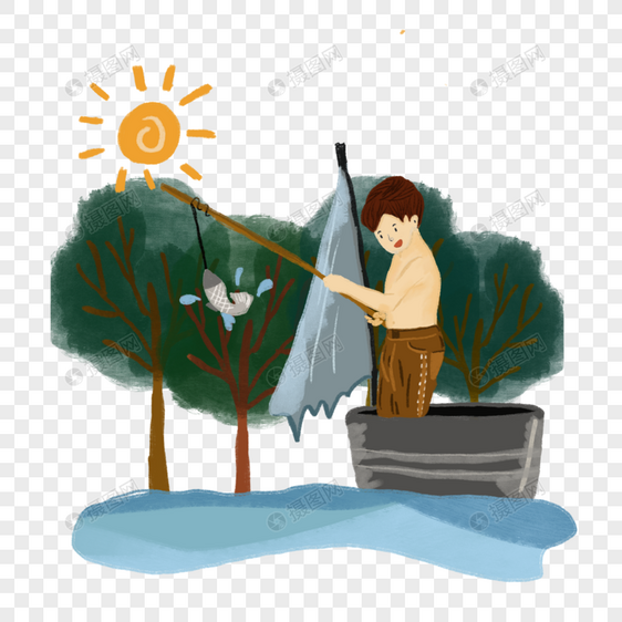 夏日阳光森林树木小孩钓鱼生活场景插画手绘元素图片