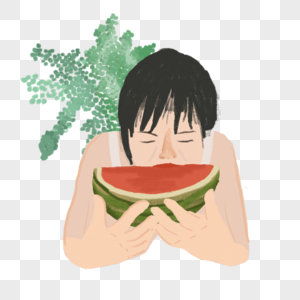 女孩吃西瓜夏日生活场景炎热植物咬下去插画元素高清图片