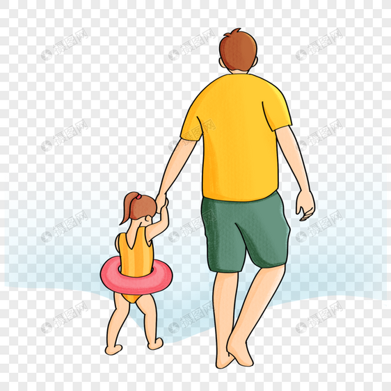 手绘海边爸爸牵着女儿人物形象图片