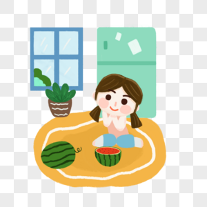 夏天在家里吃西瓜的小女孩图片
