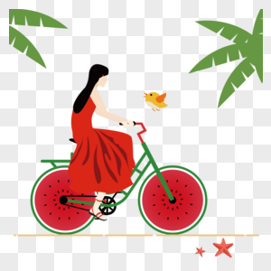 矢量沙滩边骑西瓜自行车的女孩图片