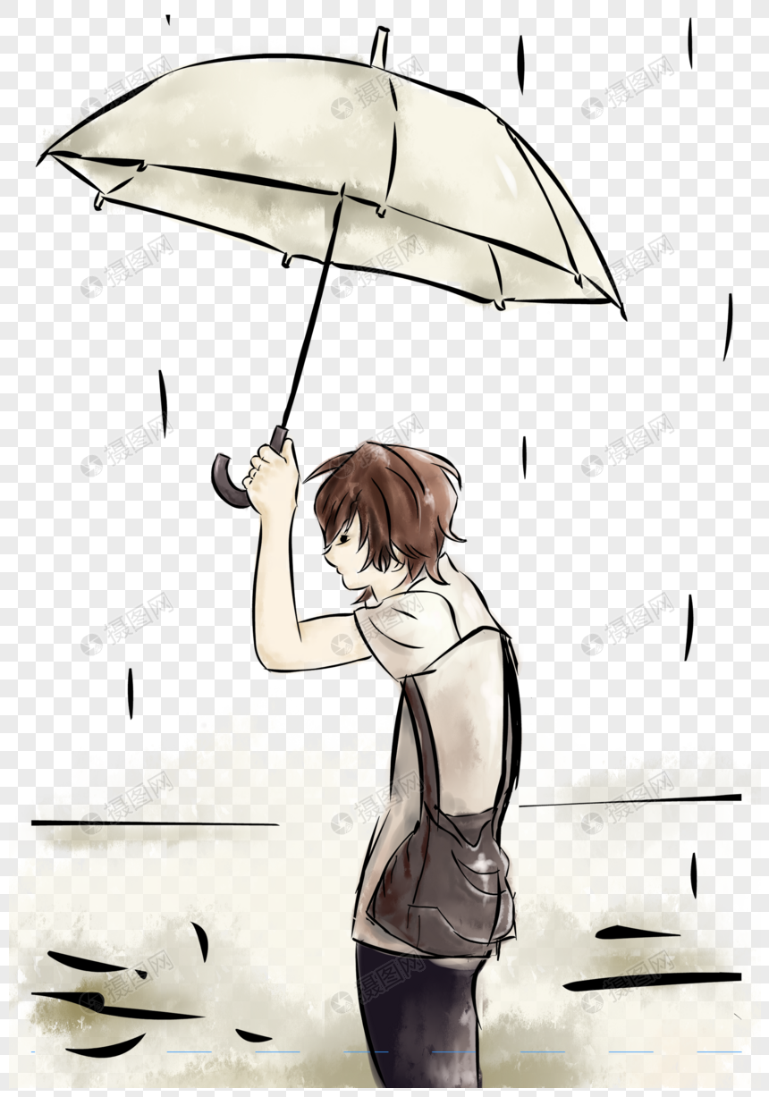 暴雨撑伞男孩图片