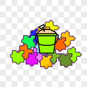 儿童玩具彩色拼图和绿色小桶图片