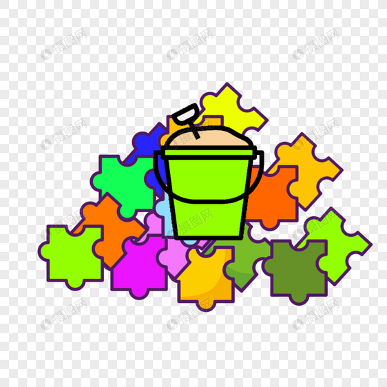 儿童玩具彩色拼图和绿色小桶图片