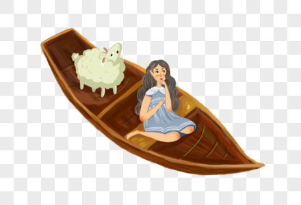 坐在船上的女孩和羊图片