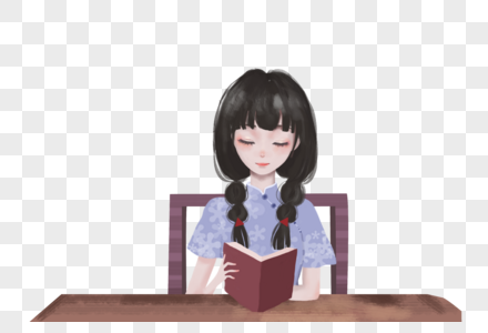 手绘看书的女孩元素素材