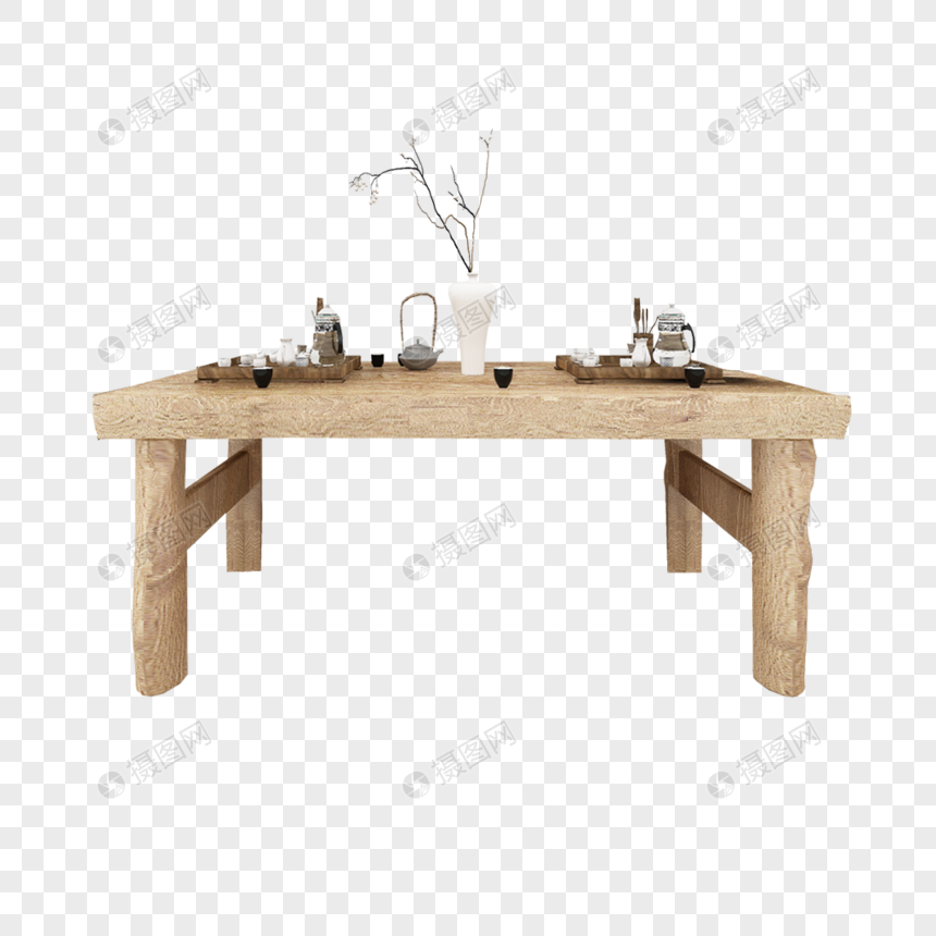 木质茶桌与茶具图片