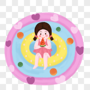 夏天游泳池里吃西瓜的小女孩图片