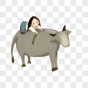 手绘可爱女孩坐在牛背上开心玩耍图片