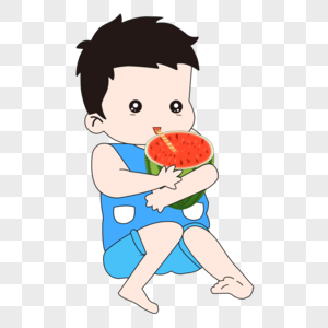 卡通手绘吃西瓜的男孩图片