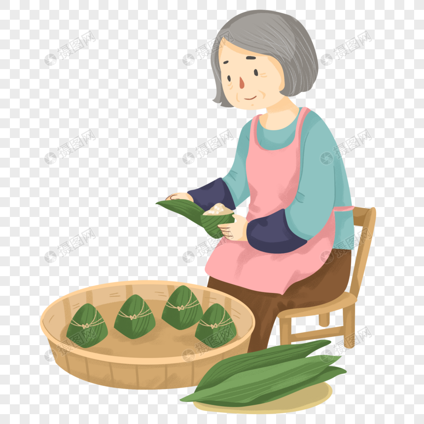 端午节手包粽子的老奶奶
