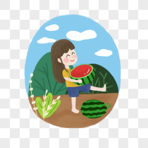 夏天吃西瓜的小女孩图片
