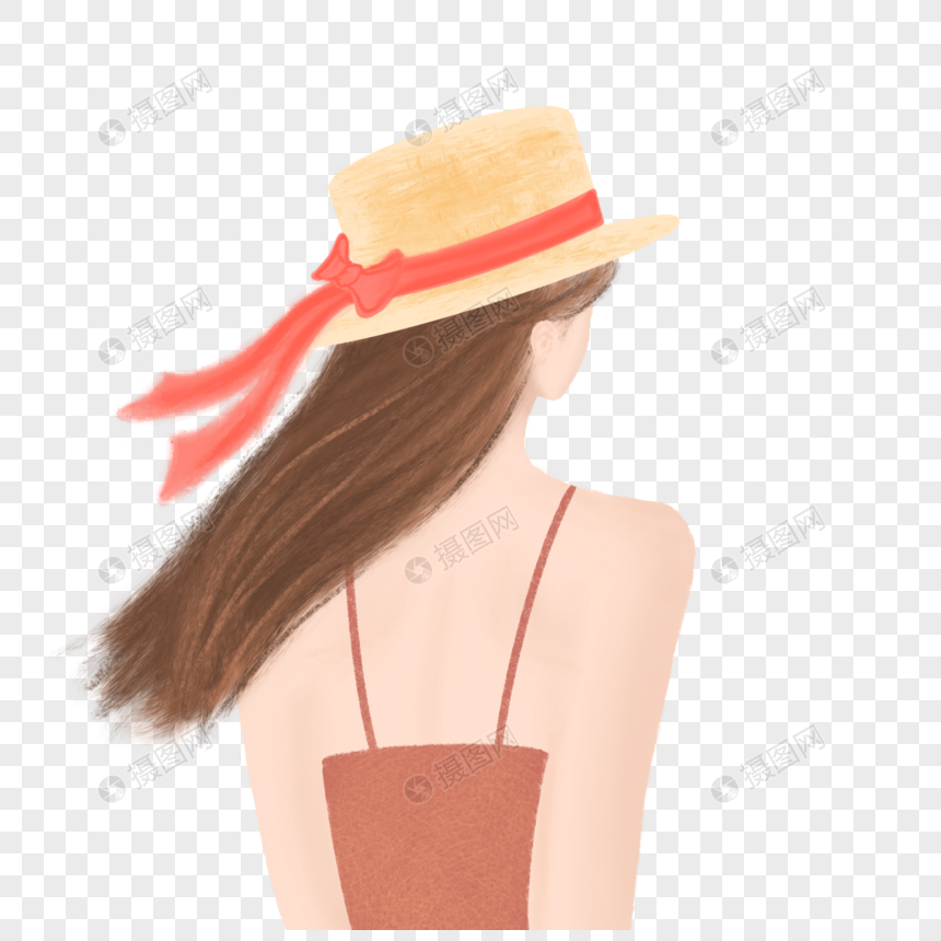 女孩 草帽 背影 夏天 手绘 可爱 卡通 清新图片