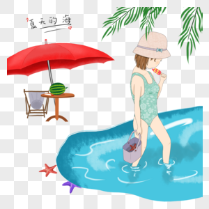 手绘夏天海边女孩沙滩遮阳伞图片